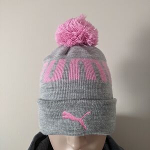 Puma Gray and Pink Knit Hat with Pom-Pom